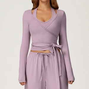 Wrap V-Neck Long Sleeve Top And Drawstring Wide Leg Pants Brushed Elastic Yoga Fitness Casual Loungewear Solid Women