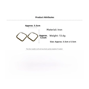 Detailed specs of square drop earrings with silver pins showing size 5.5cm and 13.6g weight