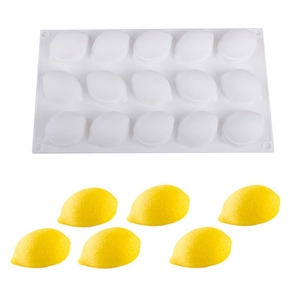Detail of 15-cavity white silicone mold with finished yellow lemon-shaped soaps