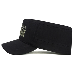 Classic black cotton flat top cadet hat with embroidered letters and adjustable strap