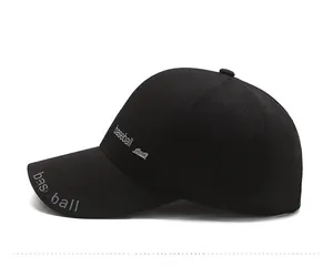 Side view of black twill cotton baseball cap showing profile and embroidery detail