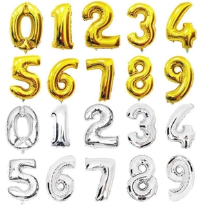 Golden and silver number foil balloons set from 0 to 9 for birthday and party decorations