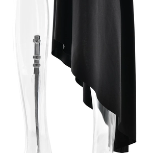 Close-up detail of the pleated hem and smooth black fabric of this slim sleeveless dress