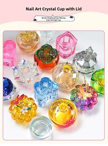 Macro view of crystal glass nail art cups with lids in various shapes and colors