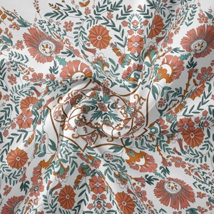 Detail of bohemian mandala tapestry fabric showing pink floral patterns and soft texture