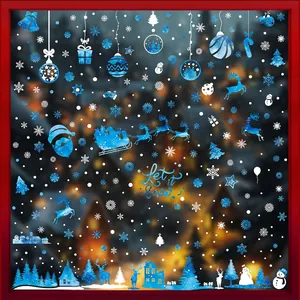 Blue Christmas window stickers with Santa, reindeer and snowflakes in a snowy winter scene