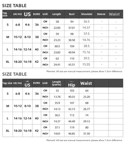 Tabella taglie dettagliata per completo gilet e pantaloncini da donna con misure in CM e pollici