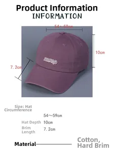 Detail of purple cotton baseball cap with SURFING embroidery and sizing specifications