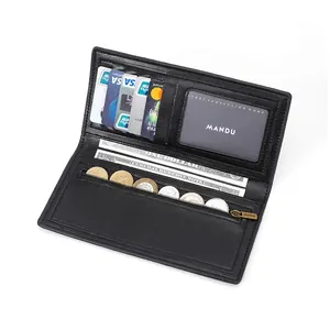 Slim long black leather wallet for men featuring multiple card slots and zippered coin pouch