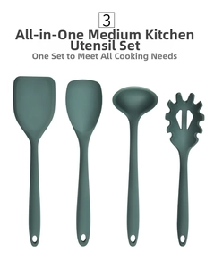 Medium 4-piece dark green silicone cooking utensil set with spatula and soup ladle