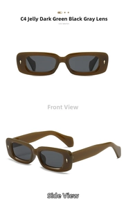 Close-up of retro rectangular sunglasses in jelly dark green with front and side views