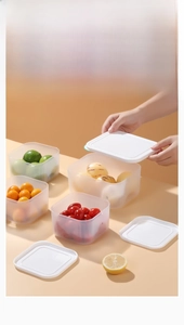 Macro detail of translucent frosted storage box with white airtight lid for food organization