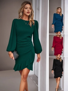 Elegant Women Long Bubble Sleeve Dress Polyester Ruched Waist Asymmetric Ruffle Hem Solid Color Bodycon Party Cocktail