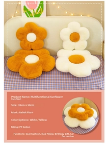 Detailed view of daisy flower cushion texture in soft rabbit faux fur material