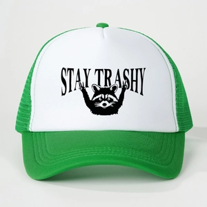 Retro Stay Trashy raccoon print mesh trucker hat in green and white color contrast