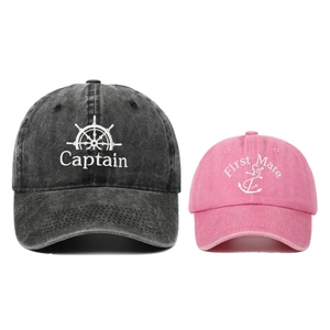 Vintage washed cotton baseball cap set with Captain helm and First Mate anchor embroidery