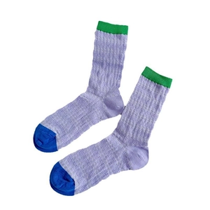 Mesh mid-tube cotton socks in vibrant purple, blue and green with hollow knit pattern