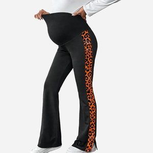 Detailed view of maternity flare leggings with leopard stripe and over-belly support