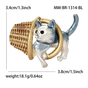 Cute cartoon alloy enamel cat in basket brooch for women with white and grey detailing