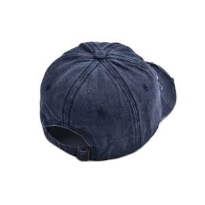 Rear view of distressed navy baseball cap showing adjustable metal buckle and frayed brim