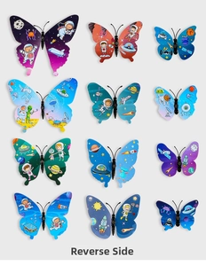 Reverse side view of 12-piece 3D space-themed butterfly wall stickers with cartoon designs
