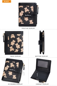 Detailed multi-angle views of black women's wallet with cute brown bear prints and card slots