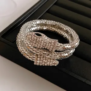 Silver snake wrap bracelet with pavé rhinestones and black stone eyes on display