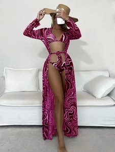 Detailed swirl marble print on a three-piece bikini set with long sleeve cover-up