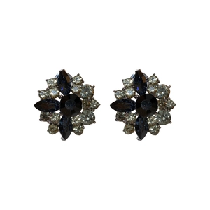 French vintage floral silver stud earrings with navy and grey crystals in a sunburst design