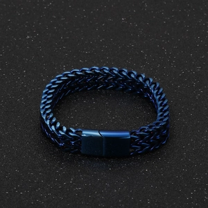 Detail of blue double-layer woven titanium steel bracelet with flat clasp for men