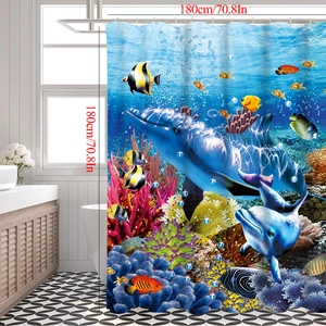 Detailed 3D printed dolphin and coral reef design on waterproof 180x180cm bath shower curtain