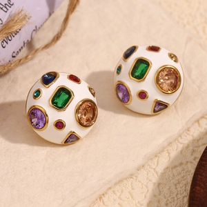 Detail of white enamel dome earrings with colorful gemstones and 18K gold plated trim