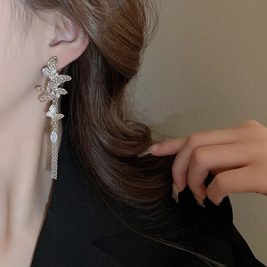 Detail of silver butterfly tassel earrings with sparkling rhinestones worn by a model