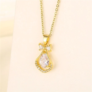 Teardrop Zircon Necklace 18K Gold Plated Stainless Steel Chain Bow Pendant Elegant Fashion Jewelry For Women