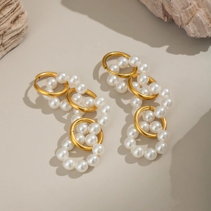Elegant 18K gold plated stainless steel hoop earrings with white pearls and tassels