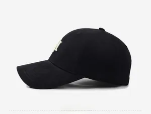 Close-up detail of side white logo embroidery on a black cotton baseball cap