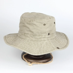 Khaki cotton outdoor bucket hat with adjustable chin strap and breathable eyelets