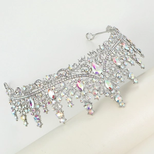 Detail of luxury bridal crown with AB rhinestones and teardrop crystals on silver band