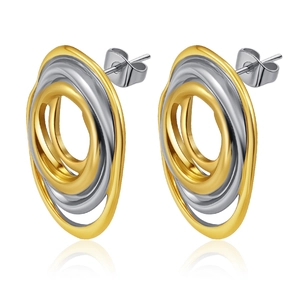 Detailed view of irregular geometric oval earrings in two-tone gold and silver finish