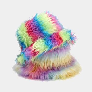 Rainbow fuzzy faux fur bucket hat featuring colorful long plush for autumn and winter