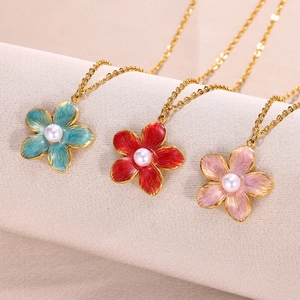 Colorful enamel flower pendant necklace with white pearl center and gold chain jewelry