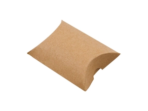 Close-up of a brown kraft paper pillow box for wedding favors on white background