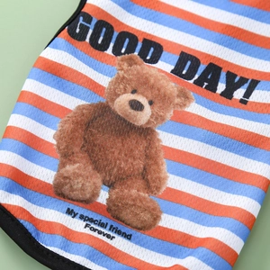 Close-up of breathable mesh pet vest with colorful stripes and teddy bear print detail