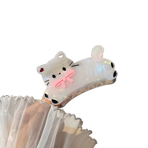 Pinza per capelli a gatto in acetato bianco con fiocco rosa e finitura perlata