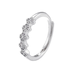 Detailed view of silver wave-shaped adjustable ring with pavé-set sparkling zircons
