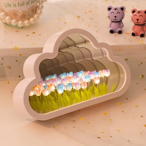 DIY cloud tulip mirror night light with colorful LED flowers and warm glow atmosphere