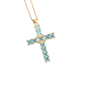 Gold chain necklace featuring a blue zircon cross pendant in a minimalist hip hop style
