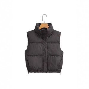 Women's dark gray stand collar quilted puffer vest with matte finish on white background