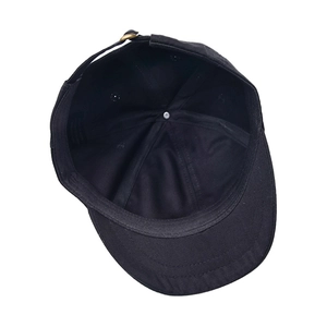 Detail view of cotton baseball cap interior with adjustable metal buckle and stitching