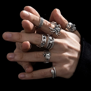 Gothic punk ring set for men with skull snake spider and bat motifs in vintage silver